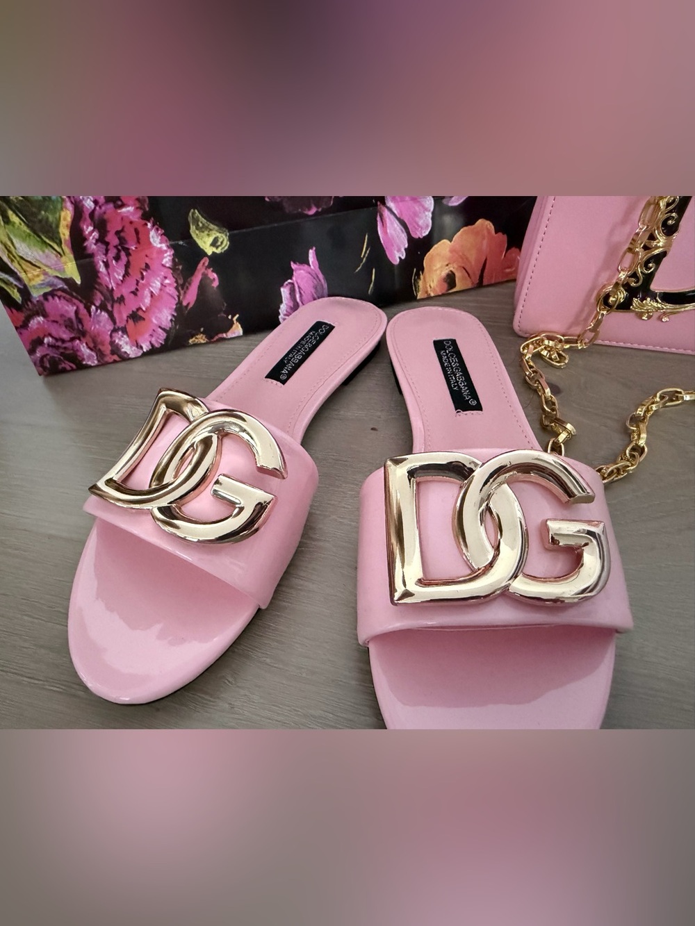Dolce & Gabbana Pink Patent DG Slide Sandals size 8